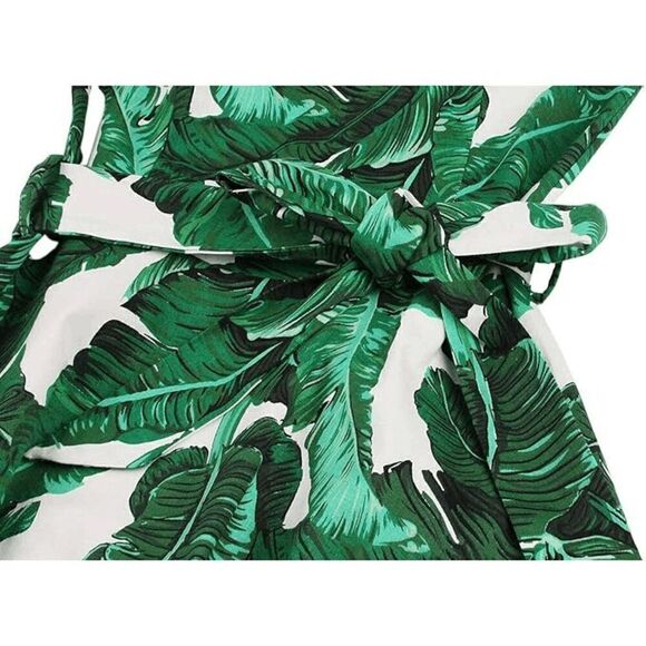 🌴 Pinup Retro 1950s Swing Rockabilly Green Palm Leaves Print Dress SIZE L NEW - Picture 3 of 14